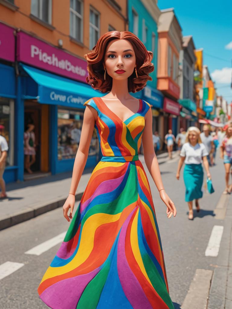 Pixar-style woman in vibrant street with colorful dress