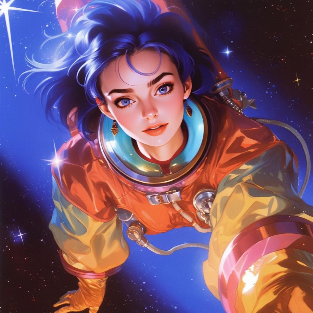 Young Woman Astronaut in Space with Blue Hair