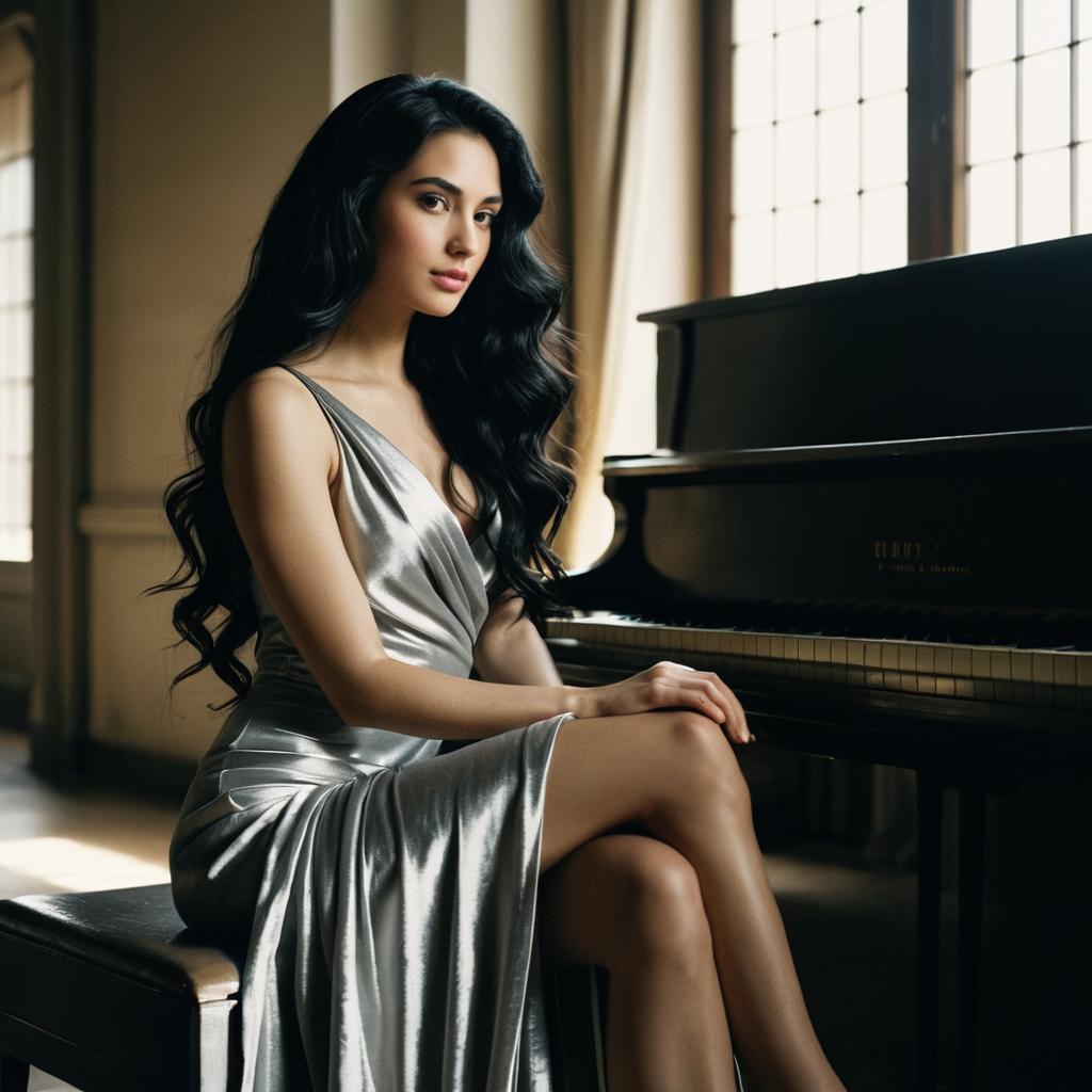 Elegant Woman in Silver Satin Dress Sitting by Piano