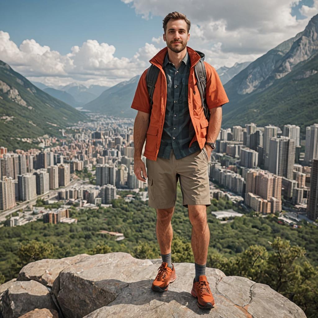 Confident Man on Rock with Cityscape and Mountains