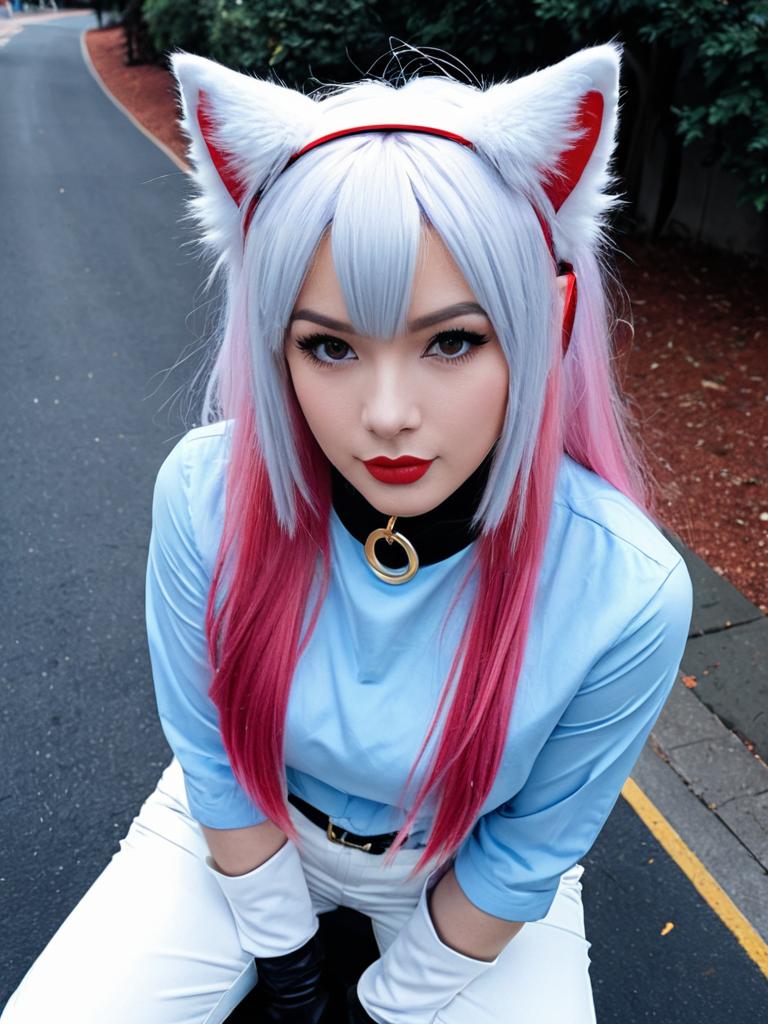 Akira Blue Archive Cosplay Woman with Cat Ears and Pink White Hair