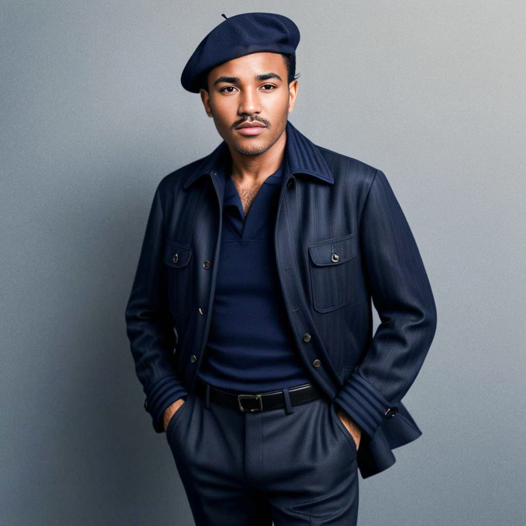 Stylish Man in Navy Ensemble with Beret