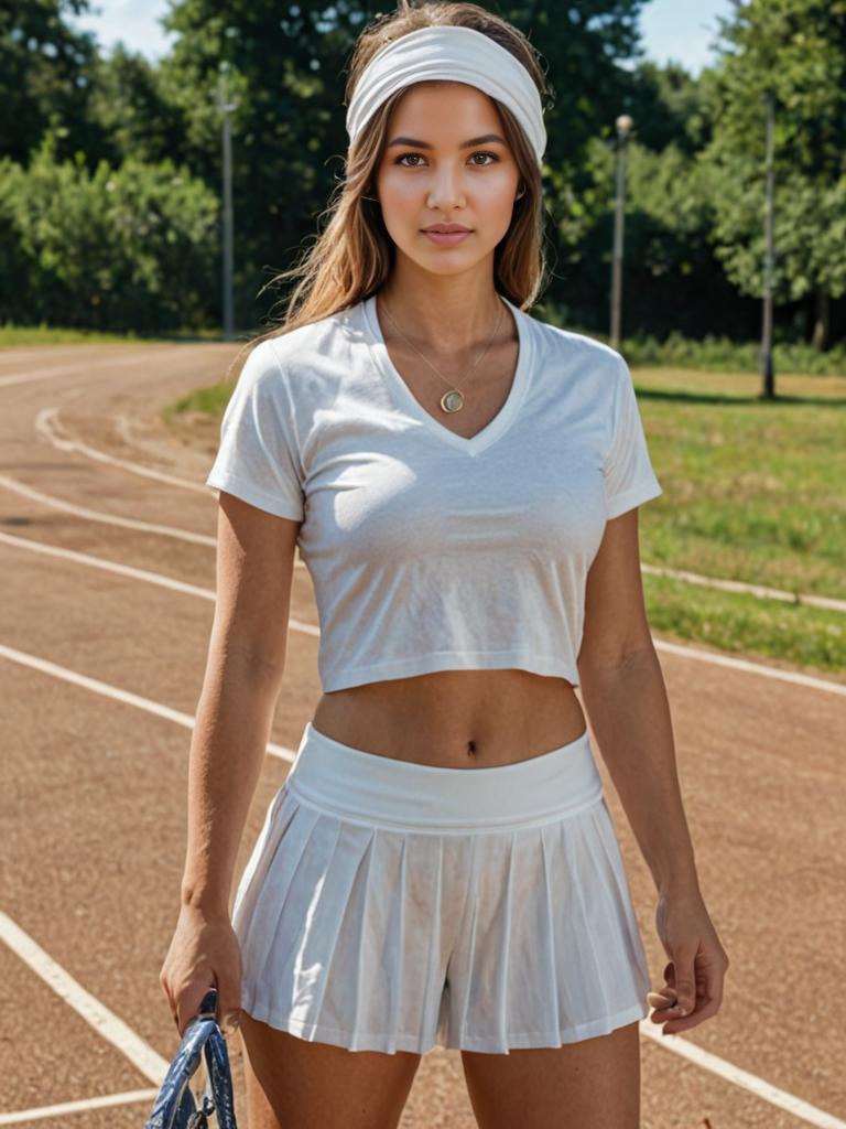 Sporty Woman on Track with Tennis Racket