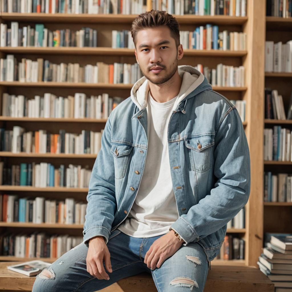 Stylish Man in Denim Jacket Relaxing by Bookshelf