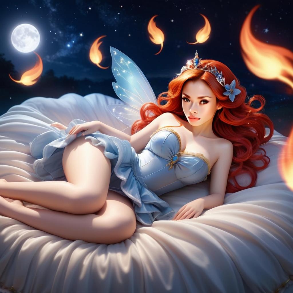 Enchanting Red-Haired Fairy Woman in Blue Dress Under Moonlight