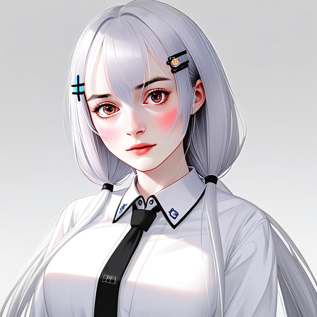 Hakase Fuyuki Anime Style Portrait of Silver-Haired Woman in White Shirt and Tie