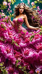 Woman in Pink Floral Gown Amidst Blooming Flowers