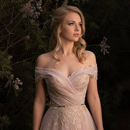 Elegant Blonde Woman in Off-Shoulder Lace Dress Against Dark Nature Background