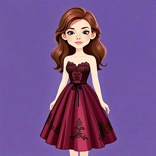 Woman Wearing Elegant Maroon A-Line Dress with Lace-Up Design Digital Illustration