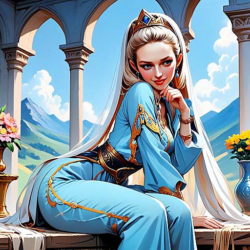 Elegant Woman in Blue Medieval Gown Sitting by Arched Stone Architecture with Mountain View