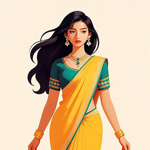 Elegant Woman in Traditional Yellow Sari Digital Art