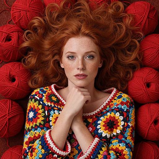 Red-Haired Woman in Colorful Crochet Sweater Surrounded by Red Yarn Balls