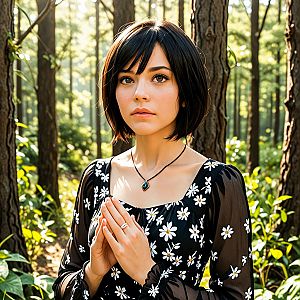Young Woman in Black Dress in Sunlit Forest