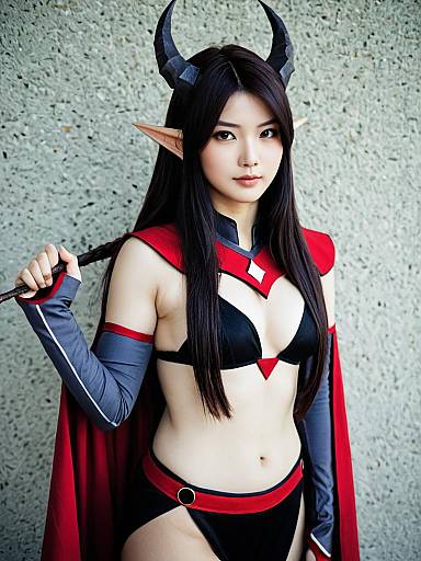 Fantasy Demon Girl Cosplay with Black Horns and Red Cape