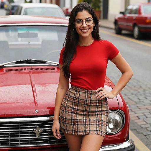 Young Woman in Red Top and Plaid Skirt Posing by Classic Red Car