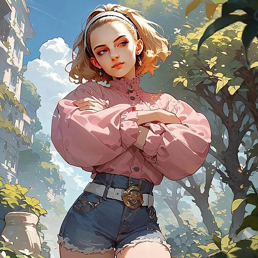 Confident Woman in Pink Blouse and Denim Shorts Digital Anime Artwork