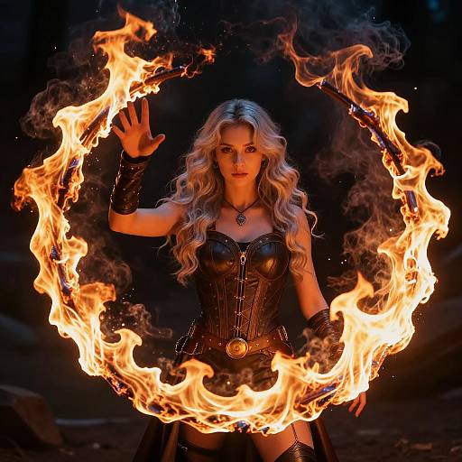 Fantasy Woman Controlling Ring of Fire in Leather Corset