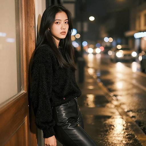 Young Woman in Black Sweater and Leather Pants on Urban Night Street