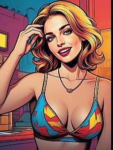 Cheerful Woman in Colorful Bikini