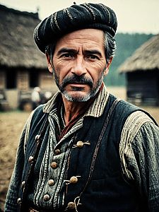 Man in Traditional Peasant Clothing Waist-Up Editorial Portrait