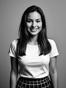 Black and White Portrait of Smiling Young Woman in White T-shirt and Checkered Skirt