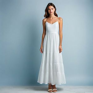 Young Woman in White Maxi Dress on Blue Background
