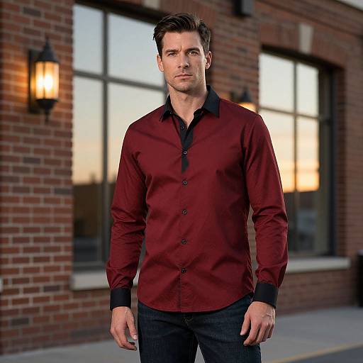Stylish Man Wearing Maroon Dress Shirt with Black Collar Outdoors