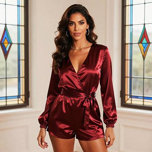 Woman in Deep Red Satin Romper Fashion Portrait