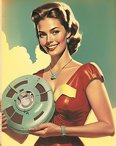 Vintage Illustration of Woman in Red Dress with Reel-to-Reel Tape