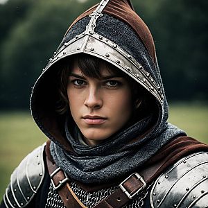 Young Man in Dark Medieval Knight Costume