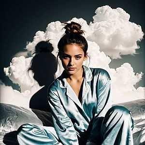 Young Woman in Blue Satin Pajamas with Cloud Background