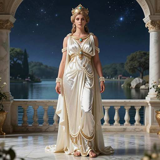Elegant Woman in Greco-Roman Style White Gown and Crown by Lake at Night