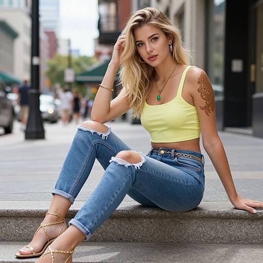 Trendy Young Woman in Yellow Crop Top and Ripped Jeans Sitting Outdoors