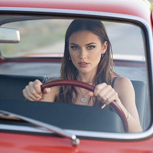 Focused Woman Driving Vintage Red Car