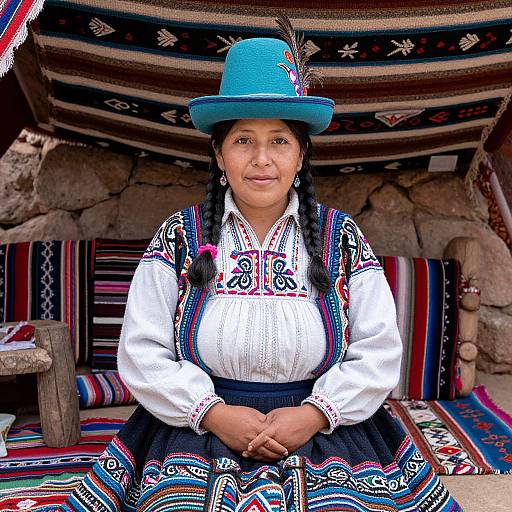 Traditional Andean Woman in Colorful Cultural Attire with Blue Hat