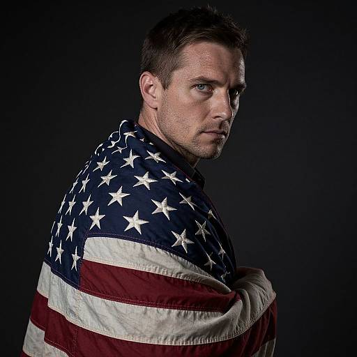 Serious Man Wrapped in American Flag on Dark Background