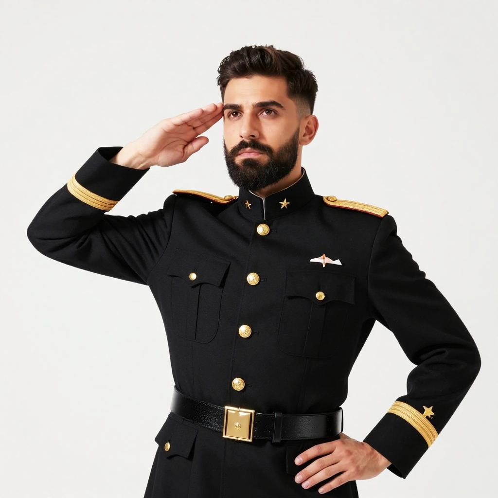 Man in Formal Military Uniform Saluting with Beard