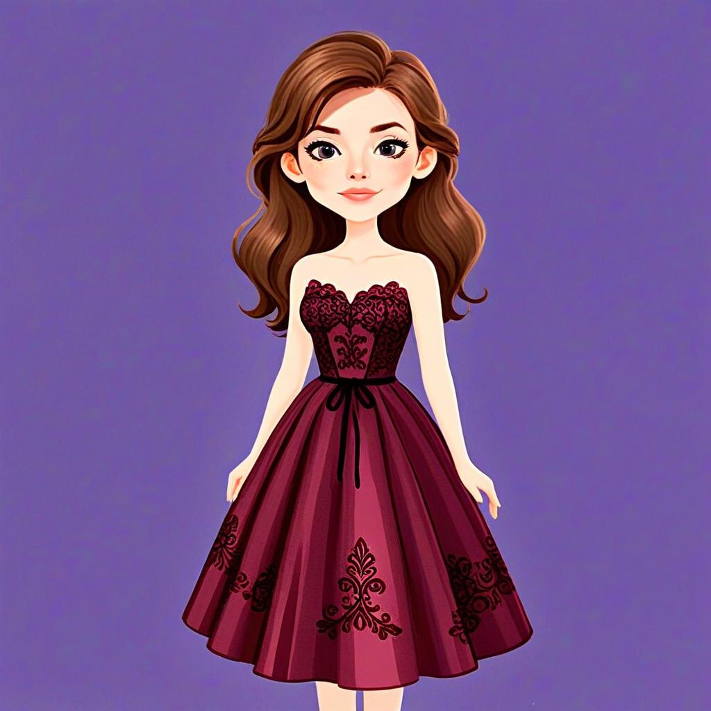 Woman Wearing Elegant Maroon A-Line Dress with Lace-Up Design Digital Illustration