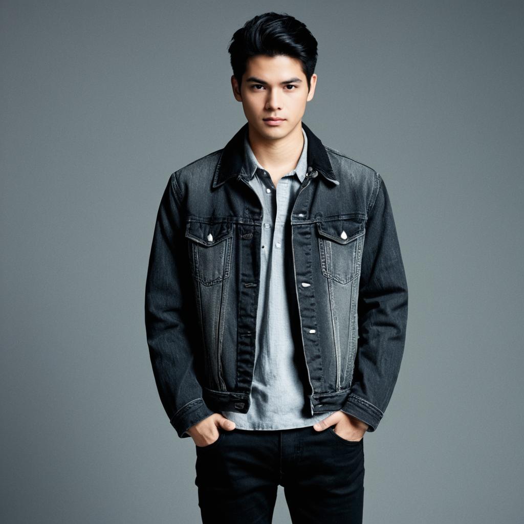 Young Man in Stylish Black Denim Jacket with Casual Gray Shirt
