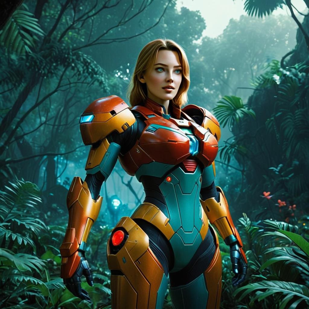 Futuristic Woman in Advanced Exosuit Standing in Lush Jungle