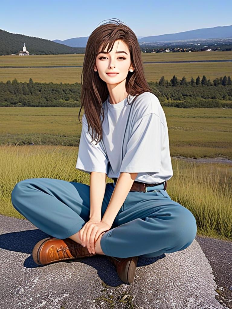 Woman Sitting Cross-Legged in Serene Rural Landscape Outdoors