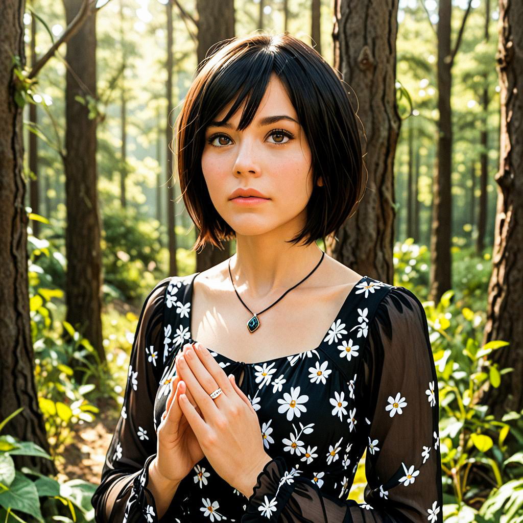 Young Woman in Black Dress in Sunlit Forest Young Woman in Black Dress in Sunlit Forest