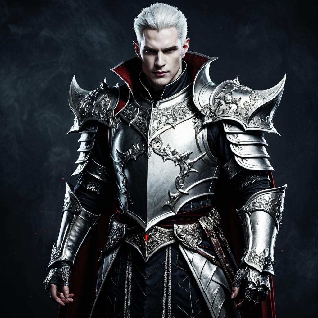 Fantasy Warrior Man in Ornate Silver Dragon Armor with Platinum Hair