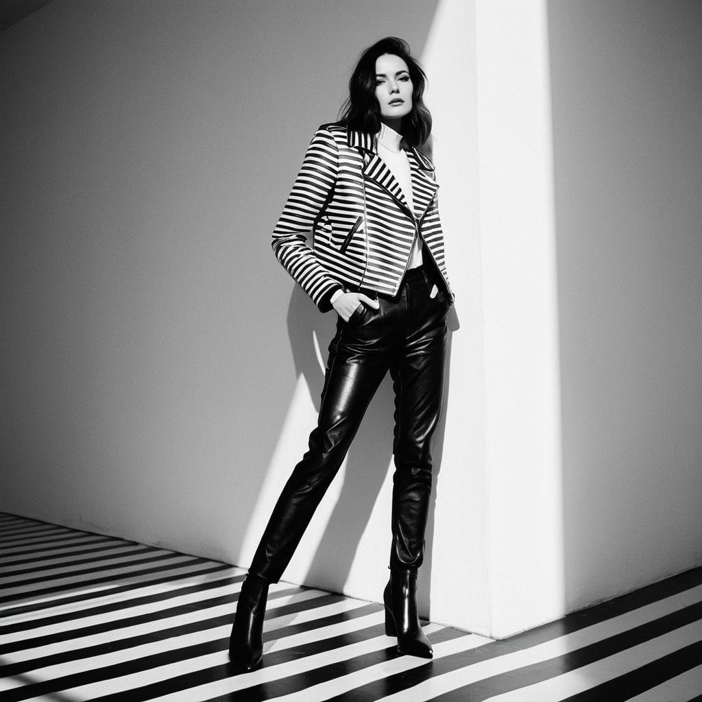 Confident Woman in Striped Jacket and Leather Pants