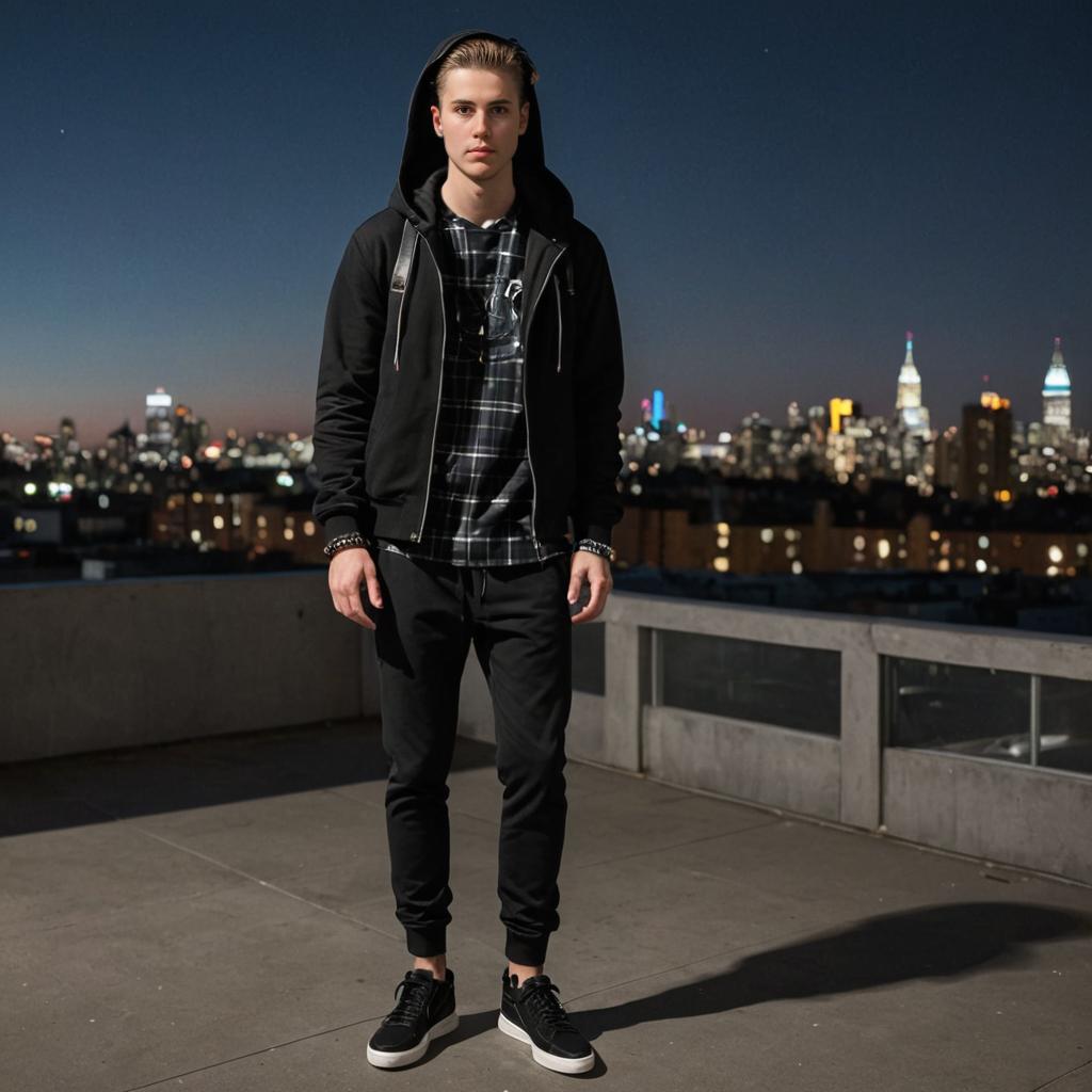 Man on Rooftop with City Skyline