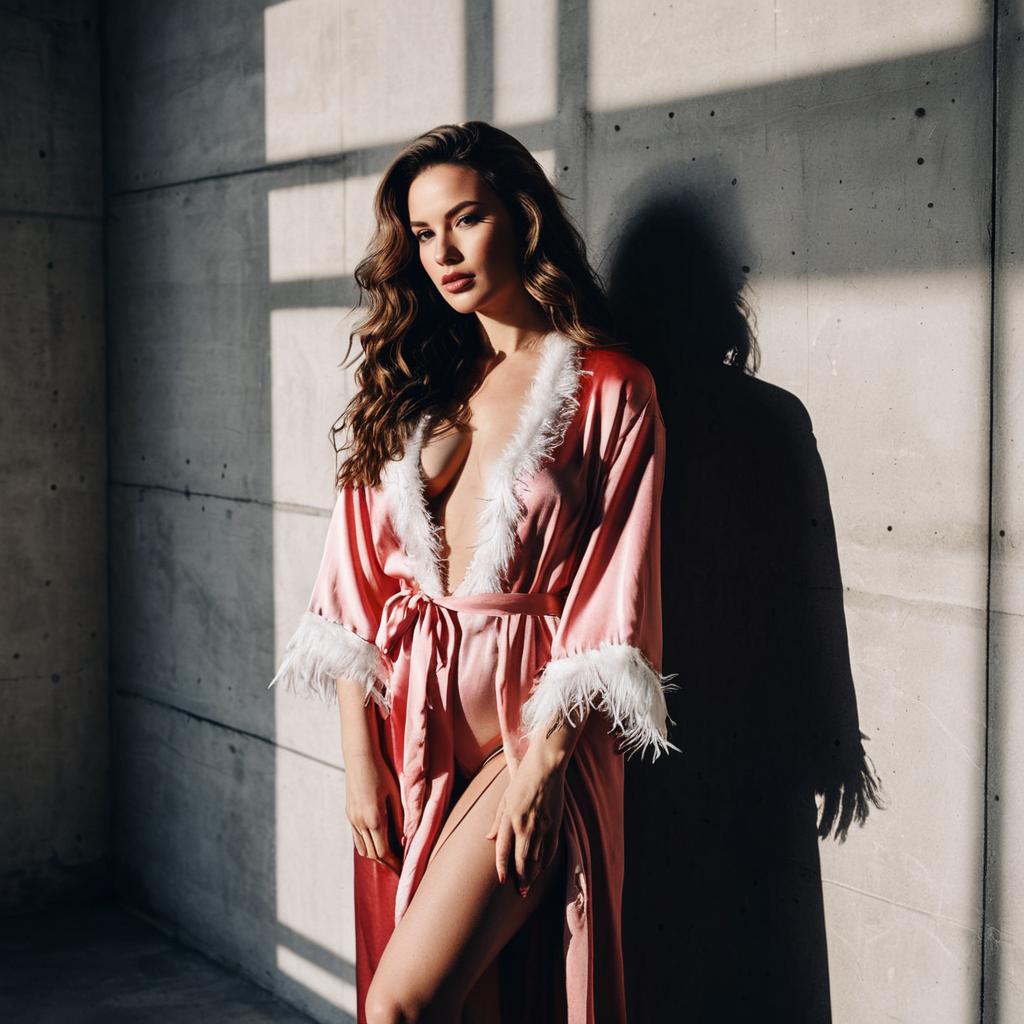 Elegant Woman in Pink Satin Robe by Concrete Wall with Natural Light