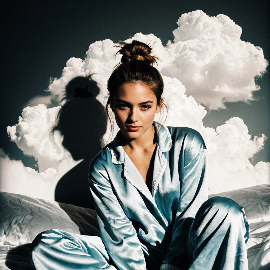 Young Woman in Blue Satin Pajamas with Cloud Background Young Woman in Blue Satin Pajamas with Cloud Background