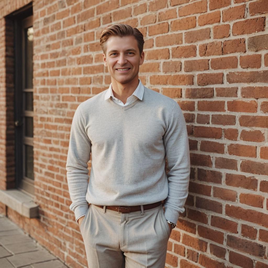 Confidently Dressed Man Against Brick Wall