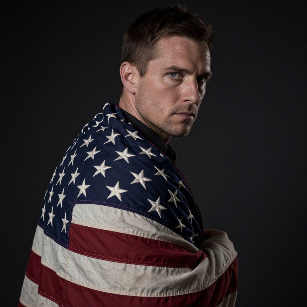 Serious Man Wrapped in American Flag on Dark Background