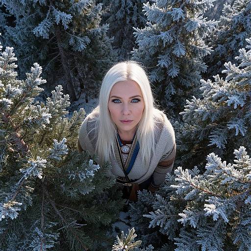 Woman in Frosty Evergreen Forest with Platinum Blonde Hair